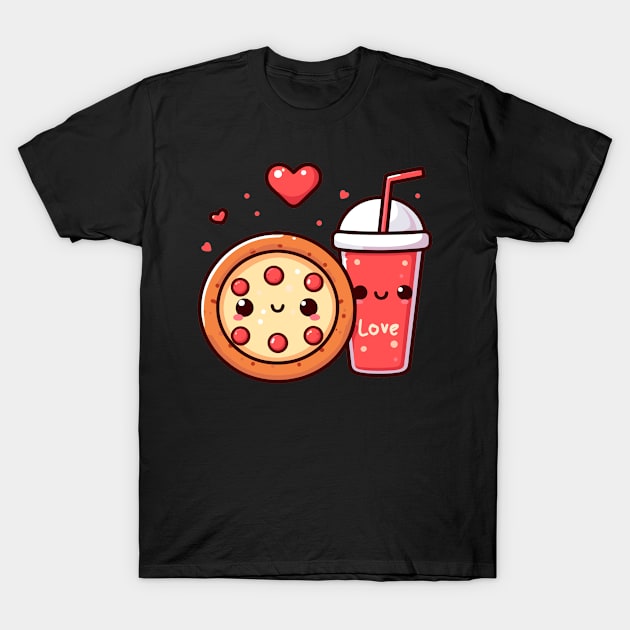 Kawaii Pizza and Diet Coke with Red Hearts | Cute Pizza Illustration T-Shirt by Nora Liak